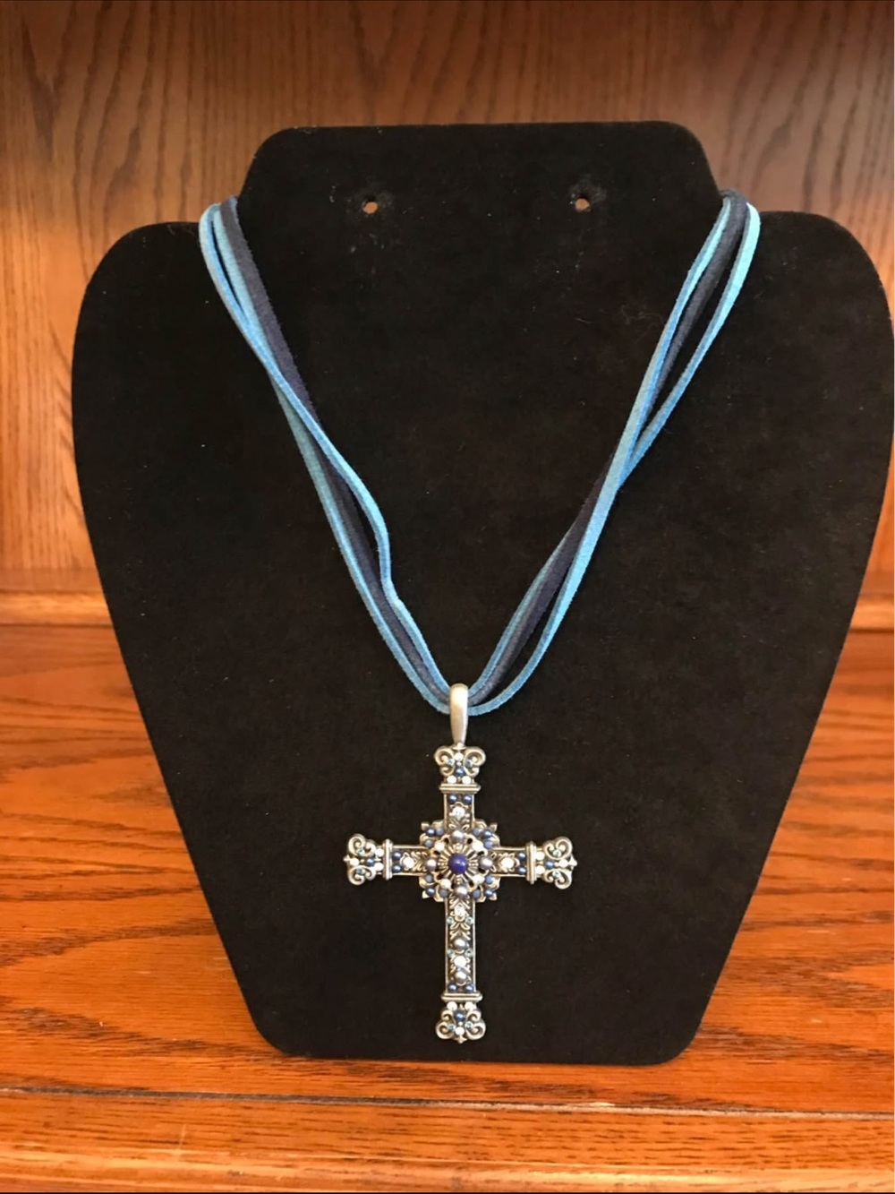 F.A.I.T.H Vintage Silver Cross Pendant Necklace with Blue Leather
